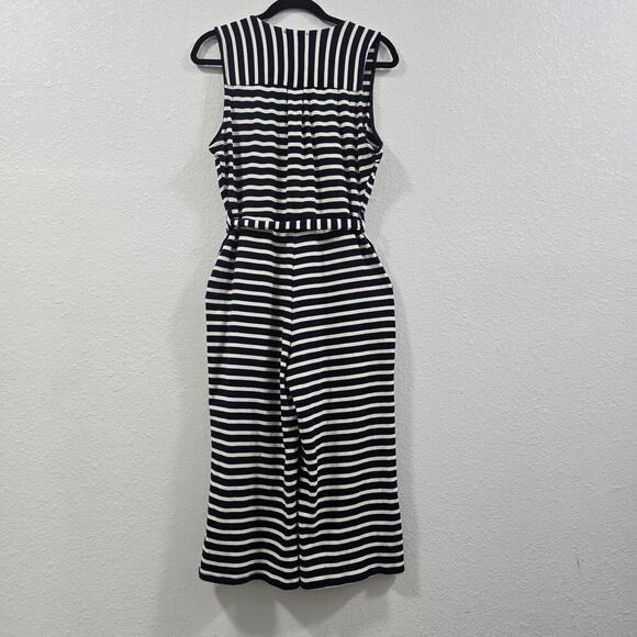 MONTEAU Womens Navy/White Striped Sleeveless Tie Button Up Crop Jumpersuit - Picture 6 of 11